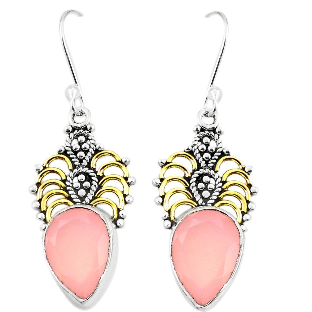Natural pink rose quartz 925 silver 14k gold dangle earrings m40331