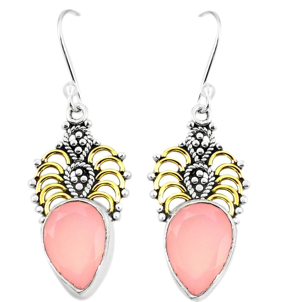 Natural pink rose quartz 925 silver 14k gold dangle earrings m40332