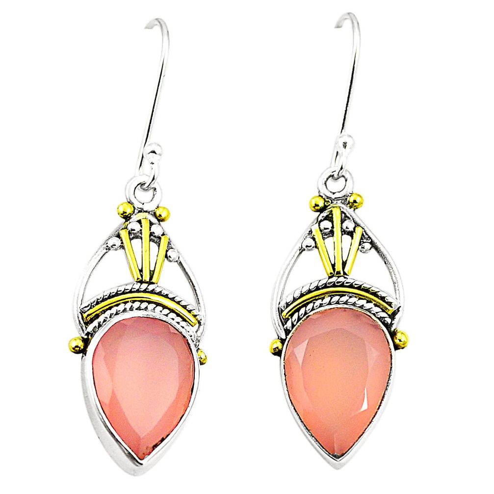 Natural pink rose quartz 925 silver 14k gold dangle earrings m40348