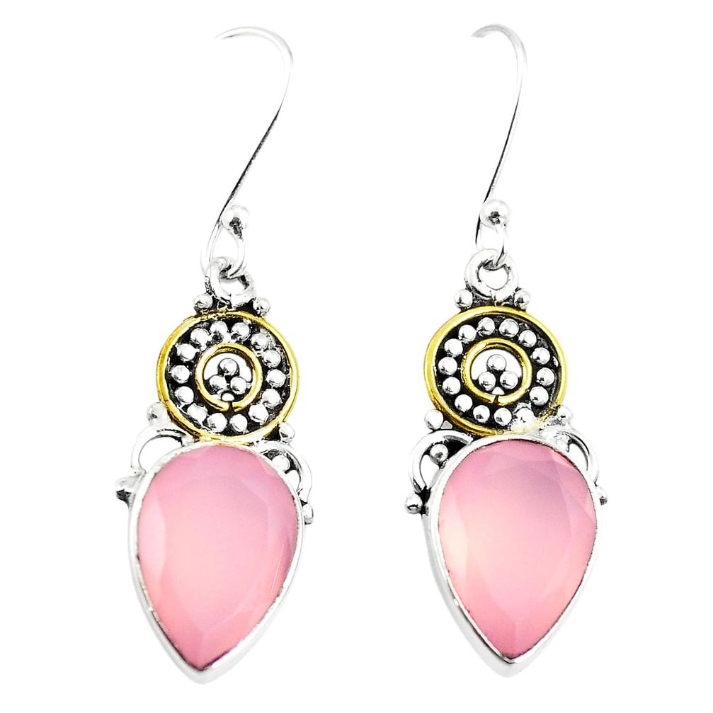 Natural pink rose quartz 925 sterling silver 14k gold dangle earrings m40451