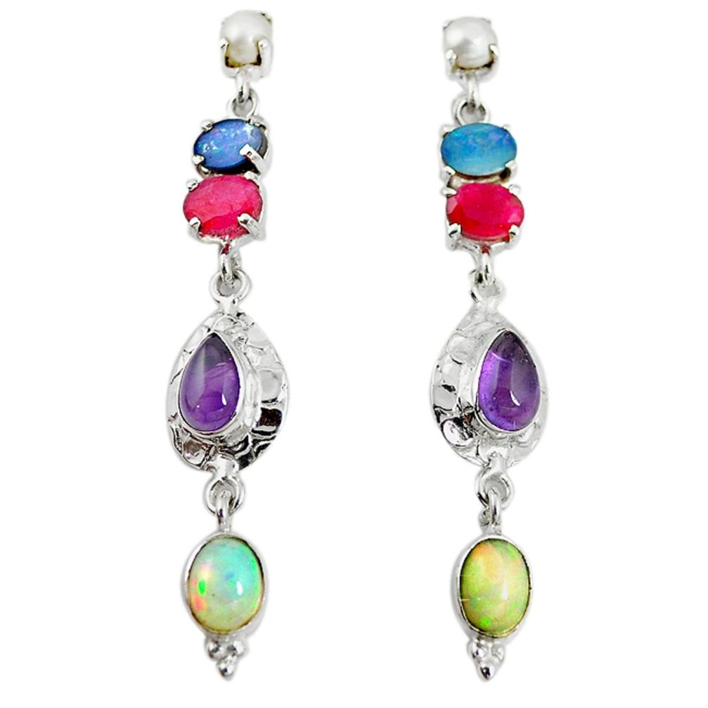 925 silver natural multi color ethiopian opal pearl dangle earrings m4047