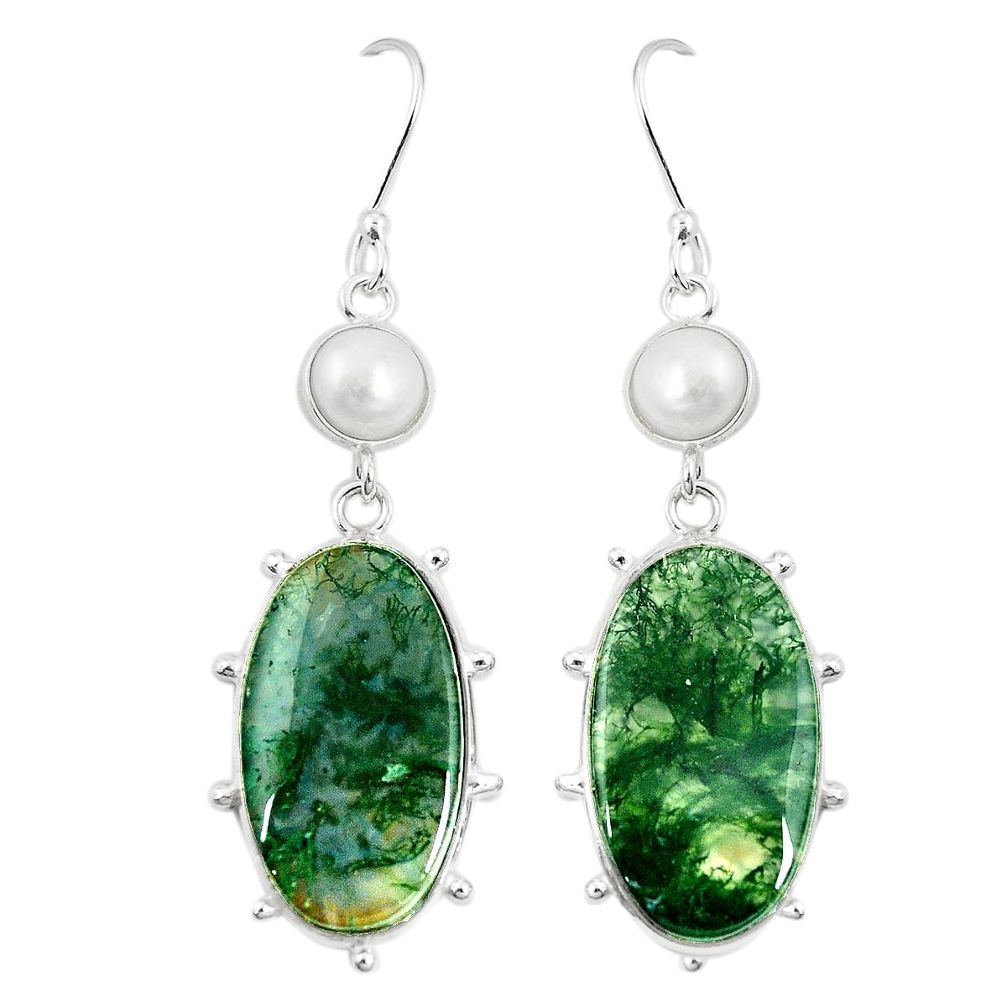 Natural green moss agate pearl 925 silver dangle earrings jewelry m41271