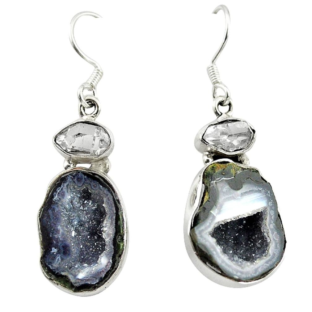 Natural brown geode druzy herkimer diamond 925 silver dangle earrings m4267