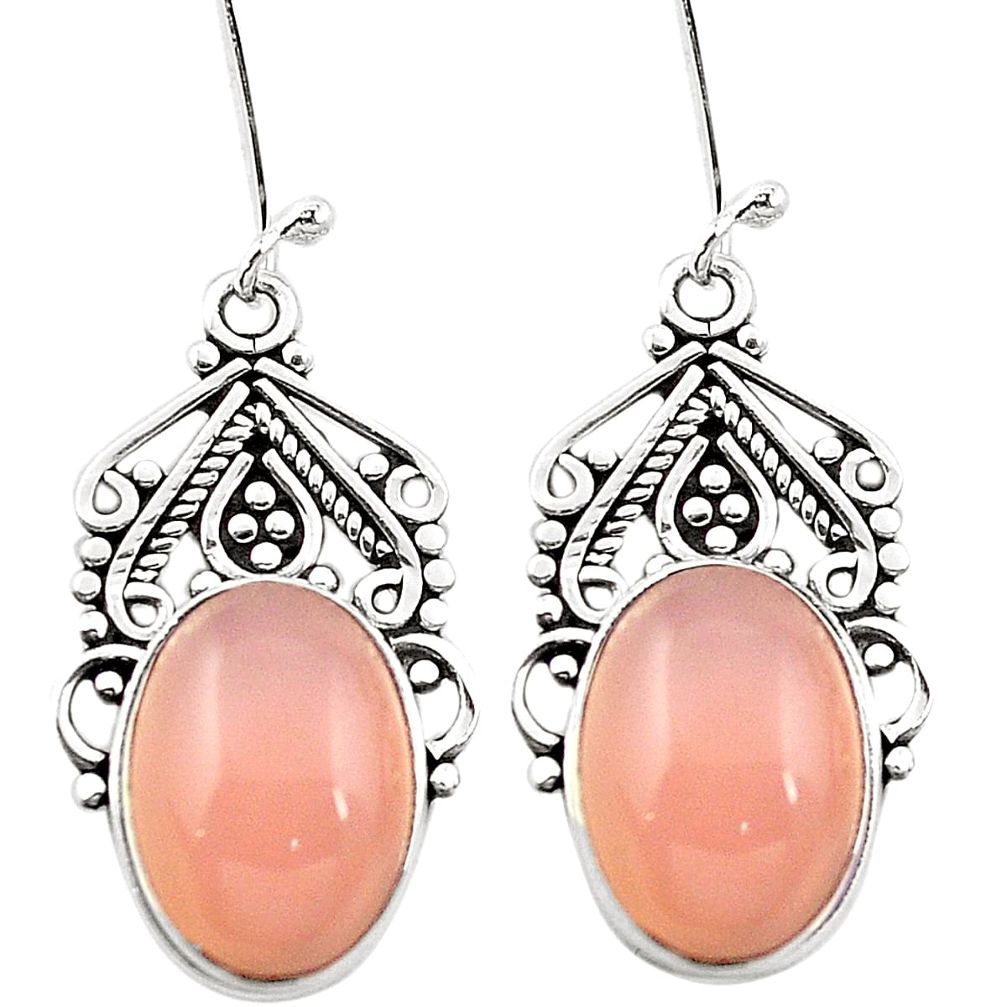 Natural pink rose quartz 925 sterling silver dangle earrings m43233