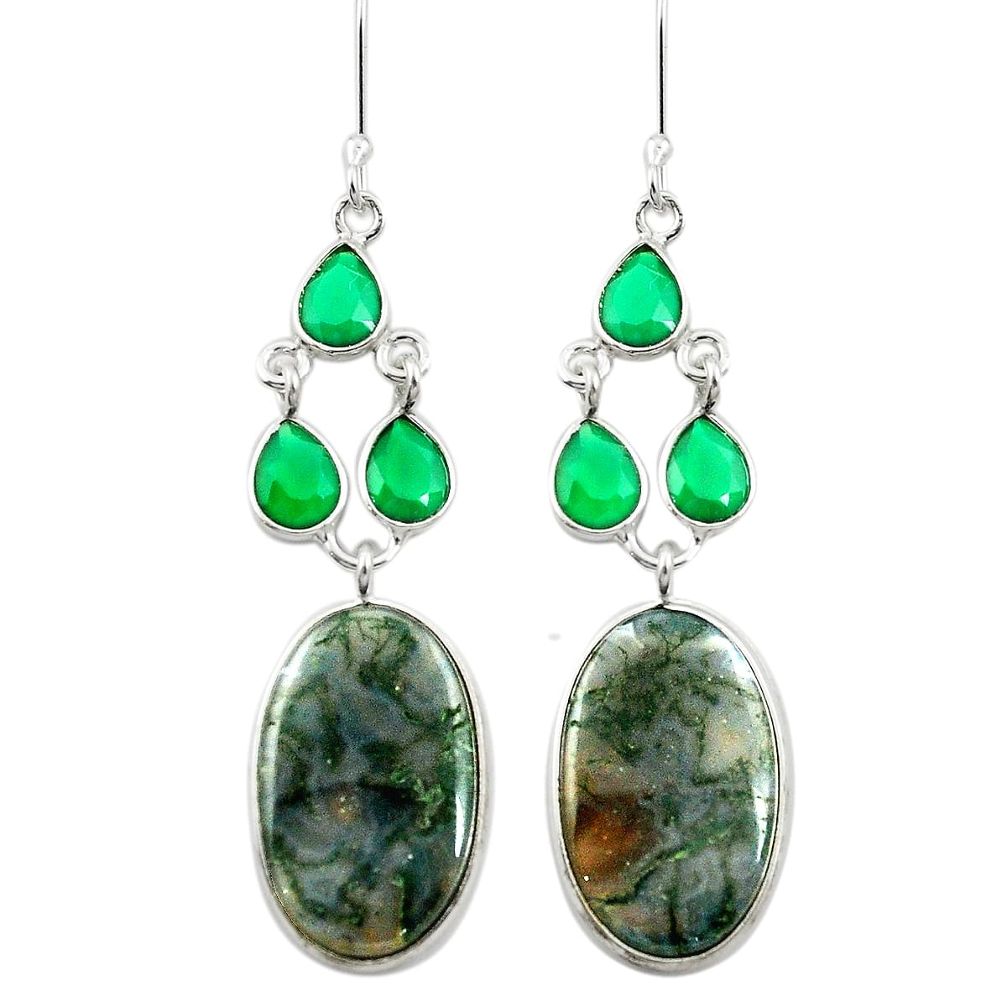 Natural green moss agate chalcedony 925 silver dangle earrings m44145