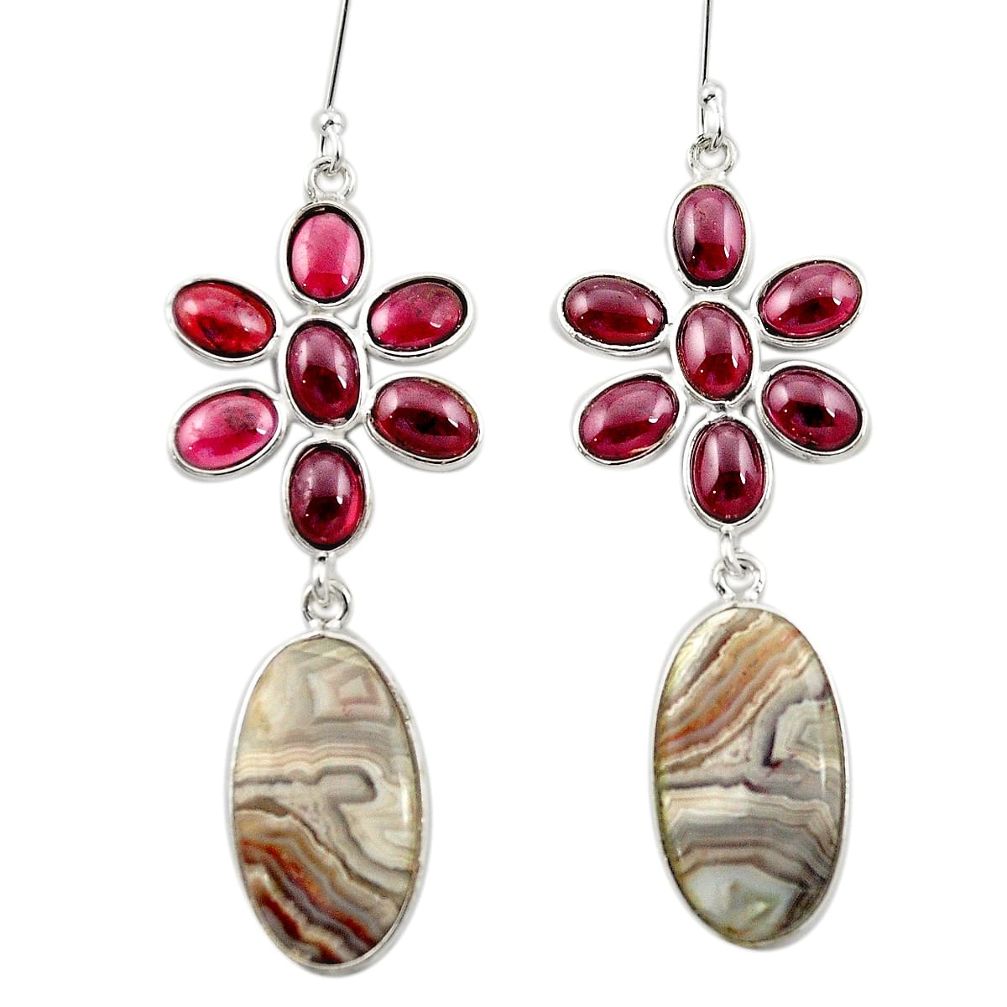 Natural brown botswana agate garnet 925 silver dangle earrings m44146