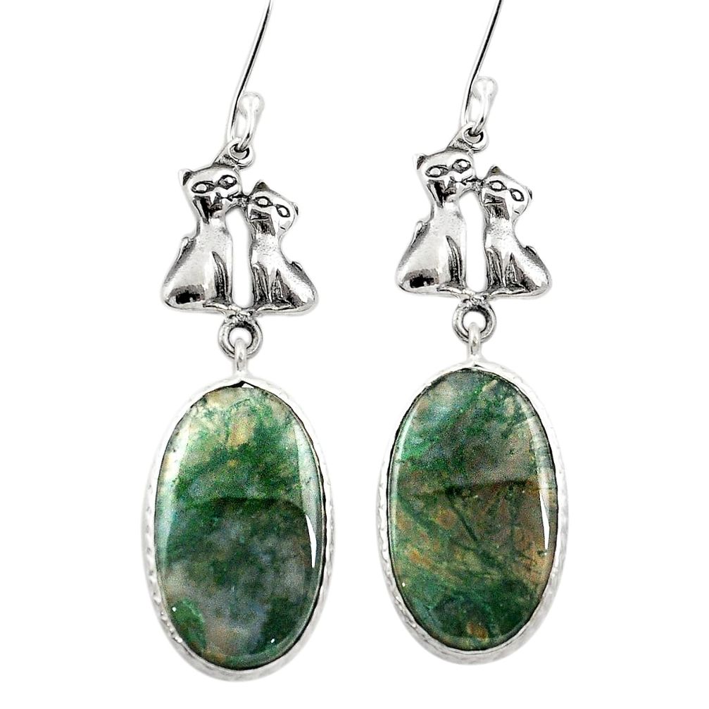 Natural green moss agate 925 sterling silver two cats earrings m44155