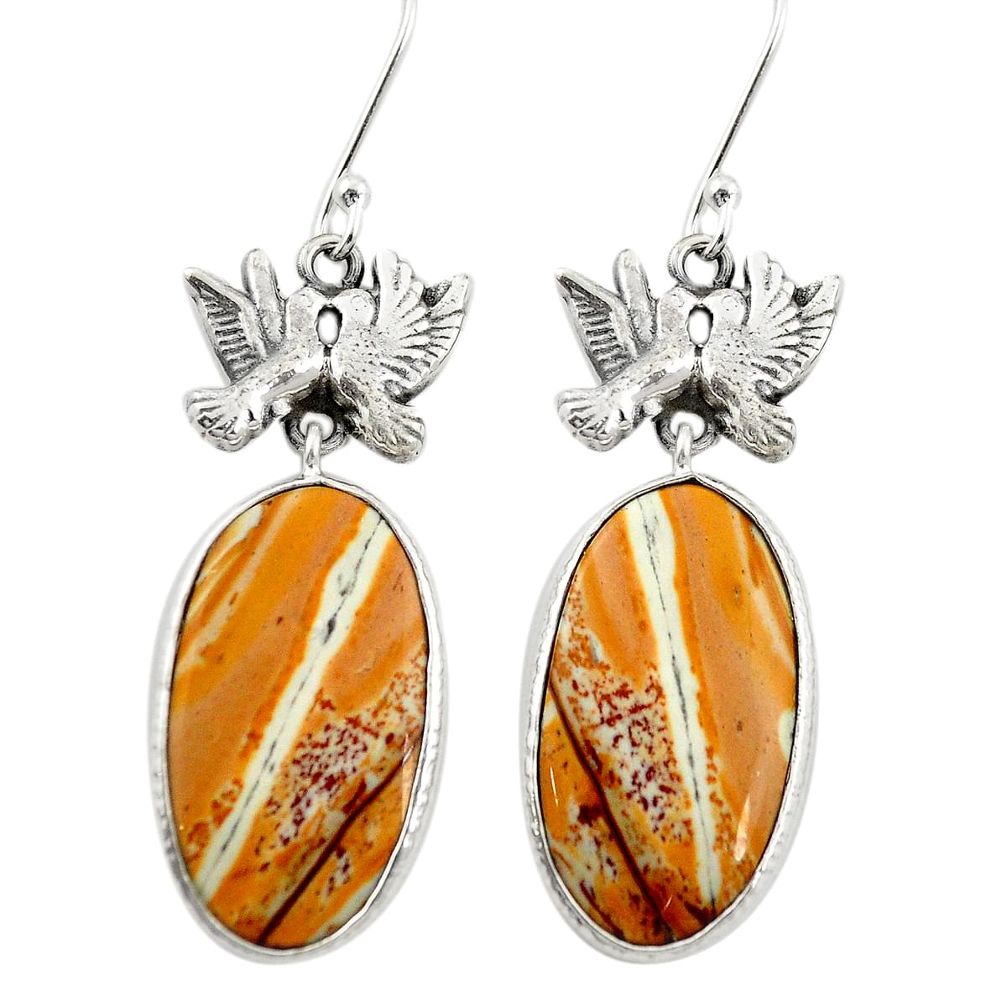 Natural yellow snakeskin jasper 925 silver love birds earrings m44162