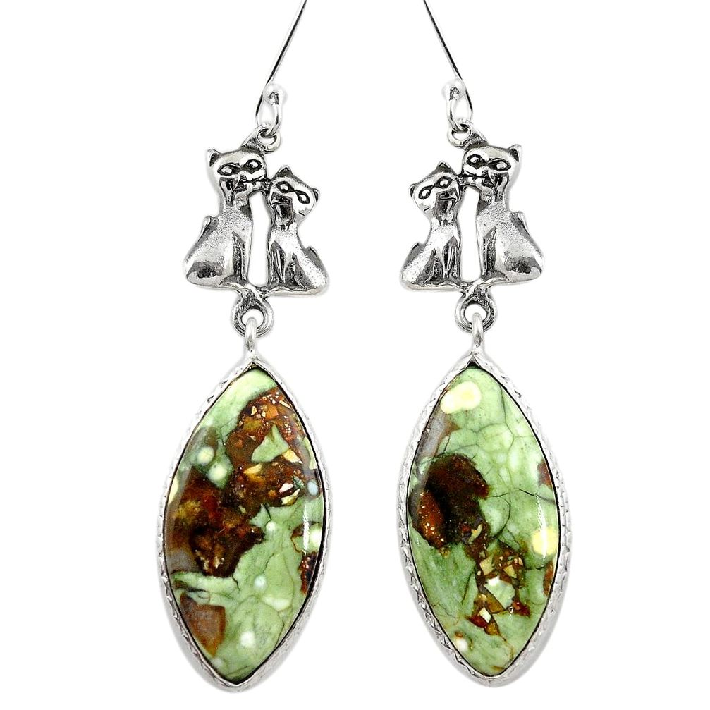 Natural rainforest rhyolite jasper 925 silver two cats earrings m44166