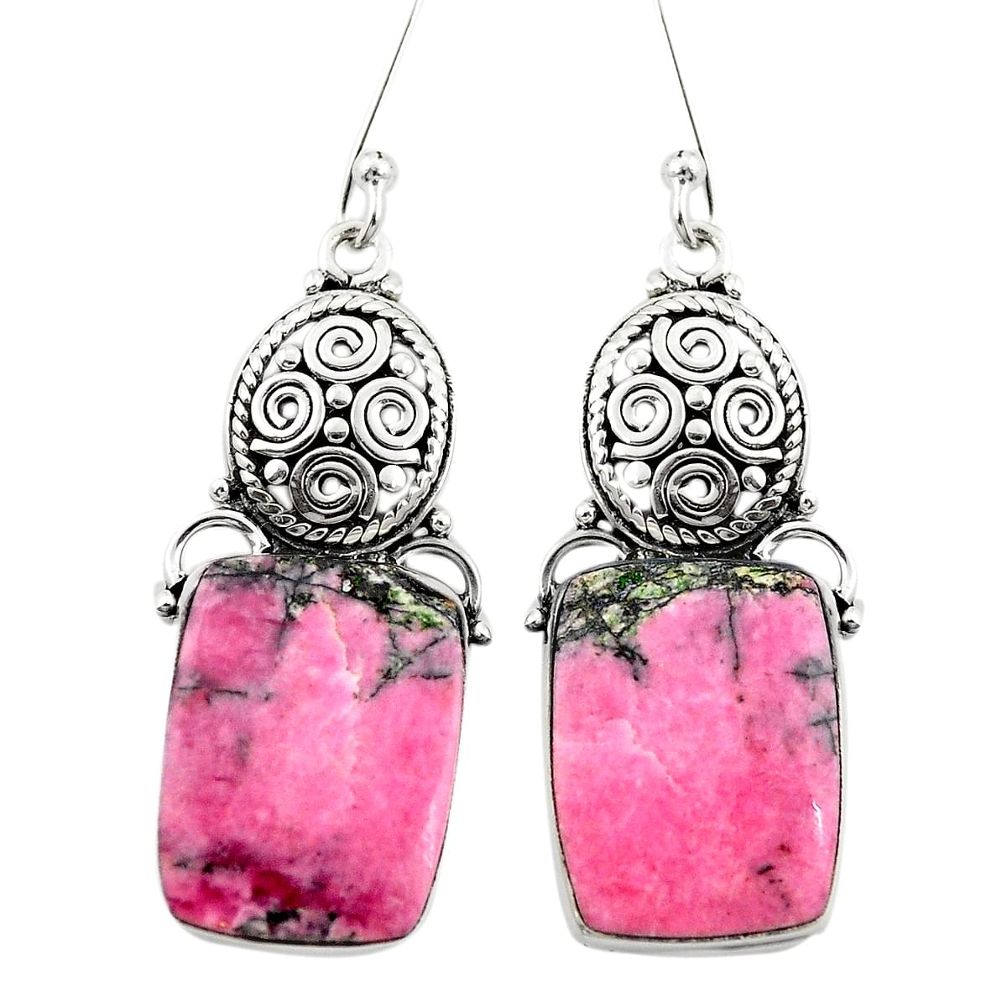 Natural pink rhodonite in black manganese 925 silver dangle earrings m44169