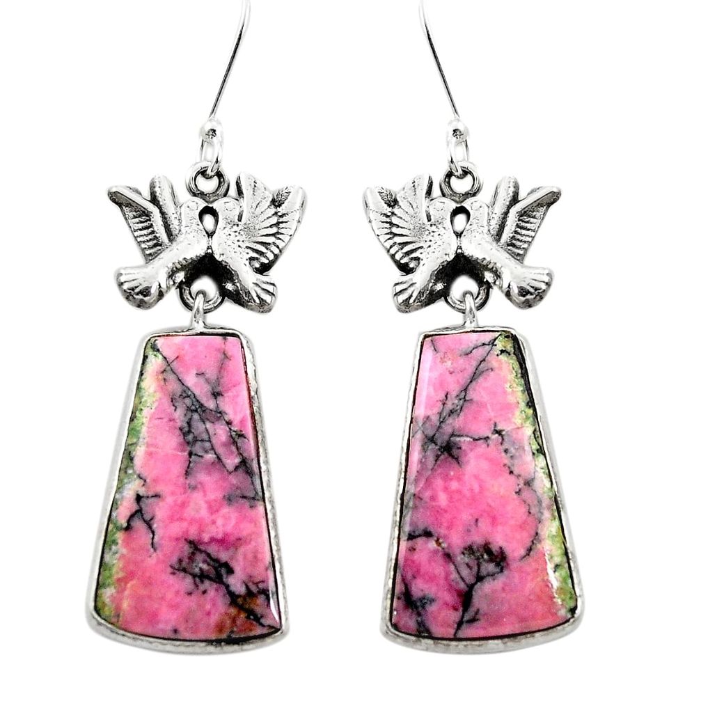 Natural pink rhodonite in black manganese 925 silver love birds earrings m44182