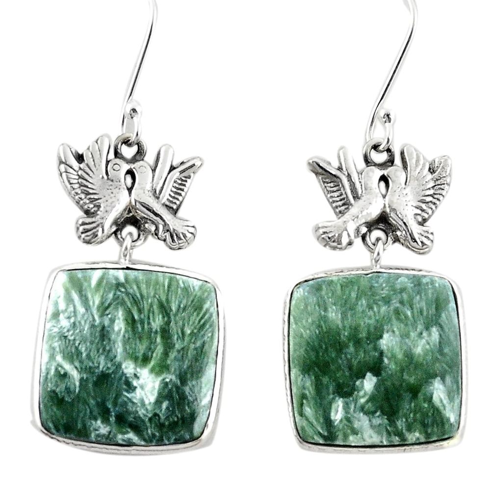 Natural green seraphinite (russian) 925 silver love birds earrings m44192