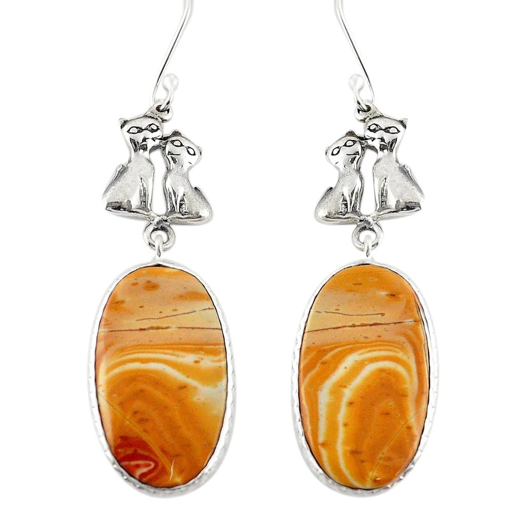 Natural yellow snakeskin jasper 925 silver two cats earrings m44194