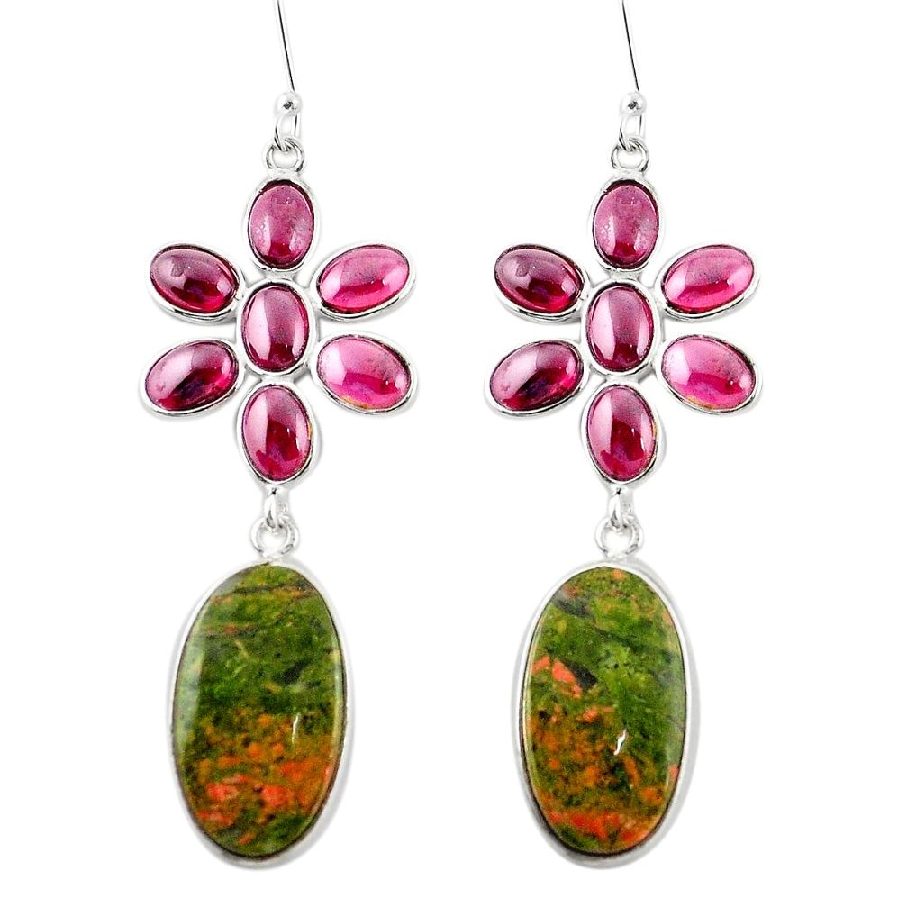 925 sterling silver natural green unakite red garnet dangle earrings m44200