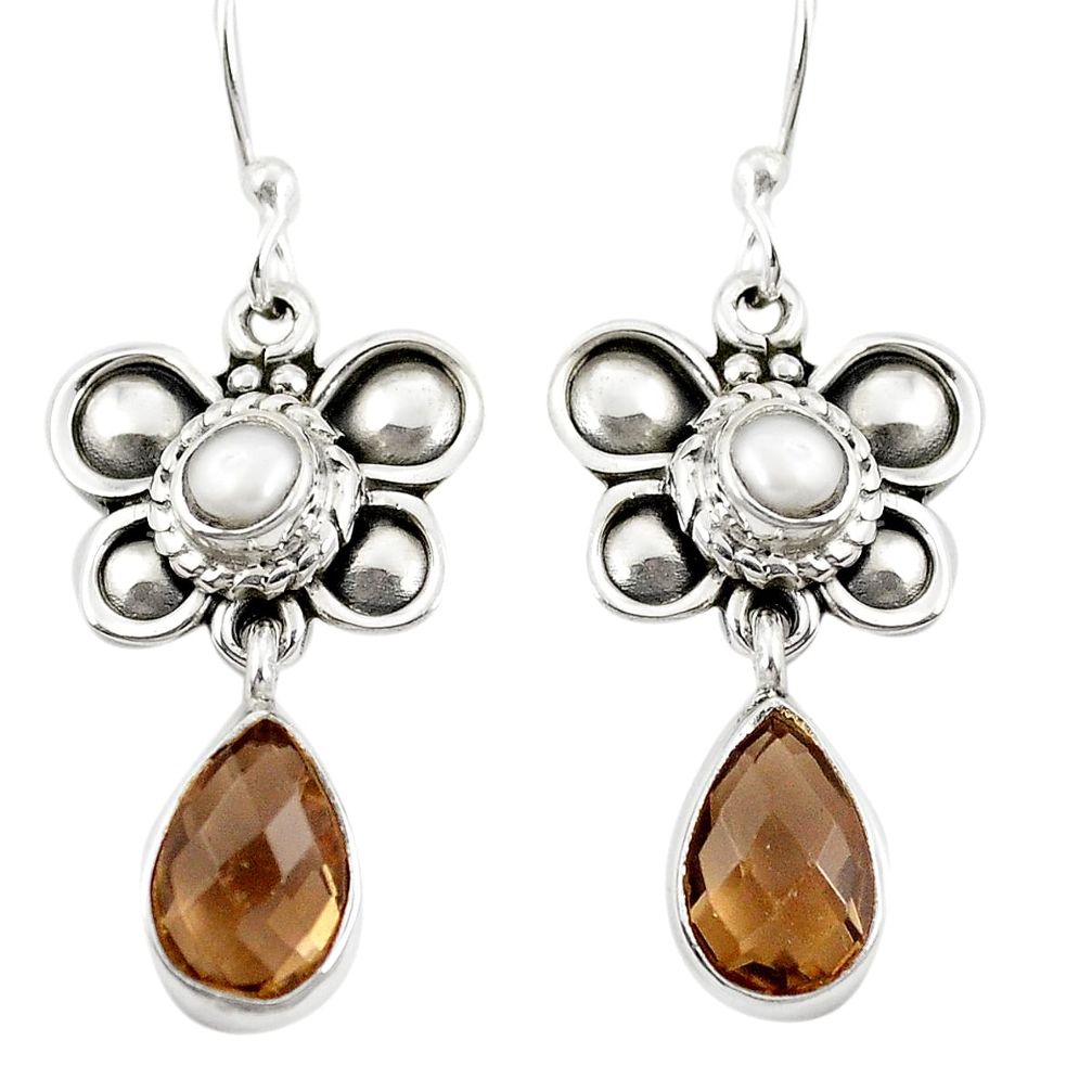 Brown smoky topaz pearl 925 sterling silver dangle earrings m44434