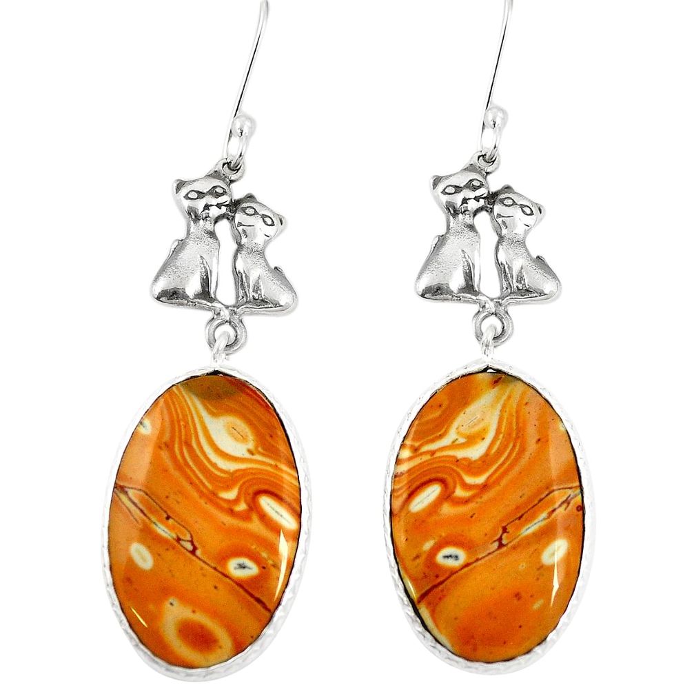 Natural yellow snakeskin jasper 925 sterling silver two cats earrings m45065