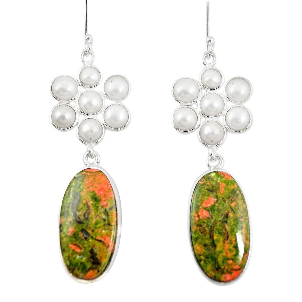 Natural green unakite pearl 925 sterling silver dangle earrings jewelry m45068