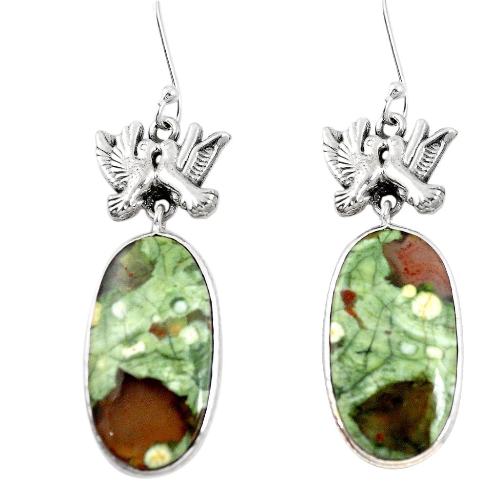 Natural green rainforest rhyolite jasper 925 silver love birds earrings m45071