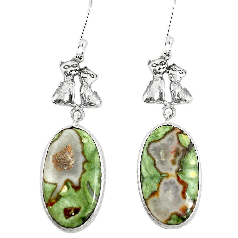 Natural green rainforest rhyolite jasper 925 silver two cats earrings m45079