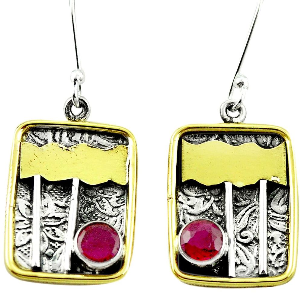 Victorian natural red ruby 925 silver two tone dangle earrings m47029