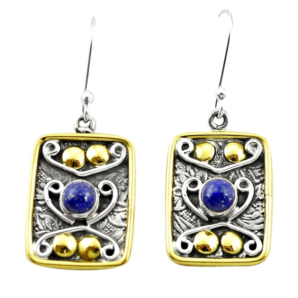 Victorian natural blue lapis lazuli 925 silver two tone dangle earrings m47044