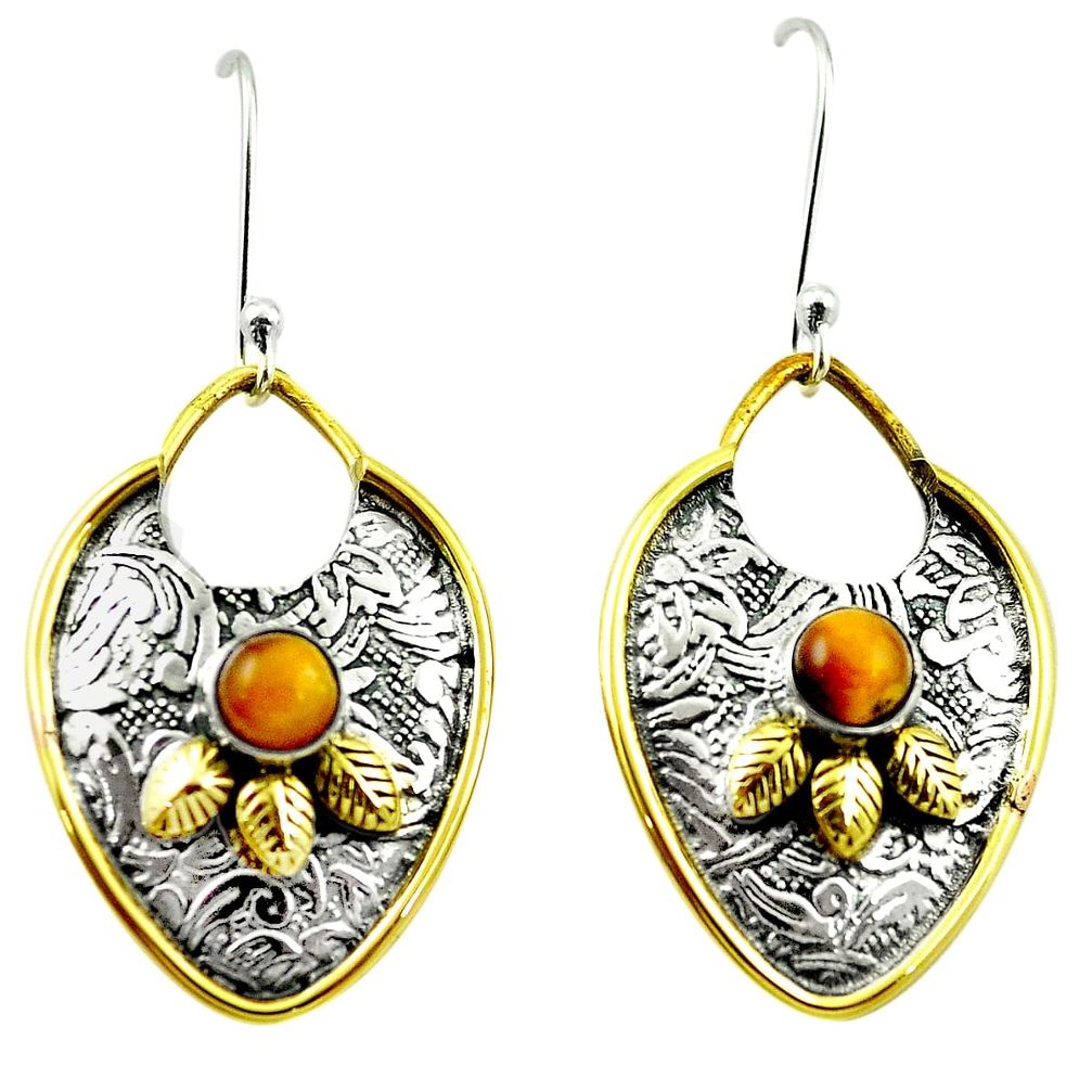 Victorian natural brown tiger's eye 925 silver two tone dangle earrings m47063