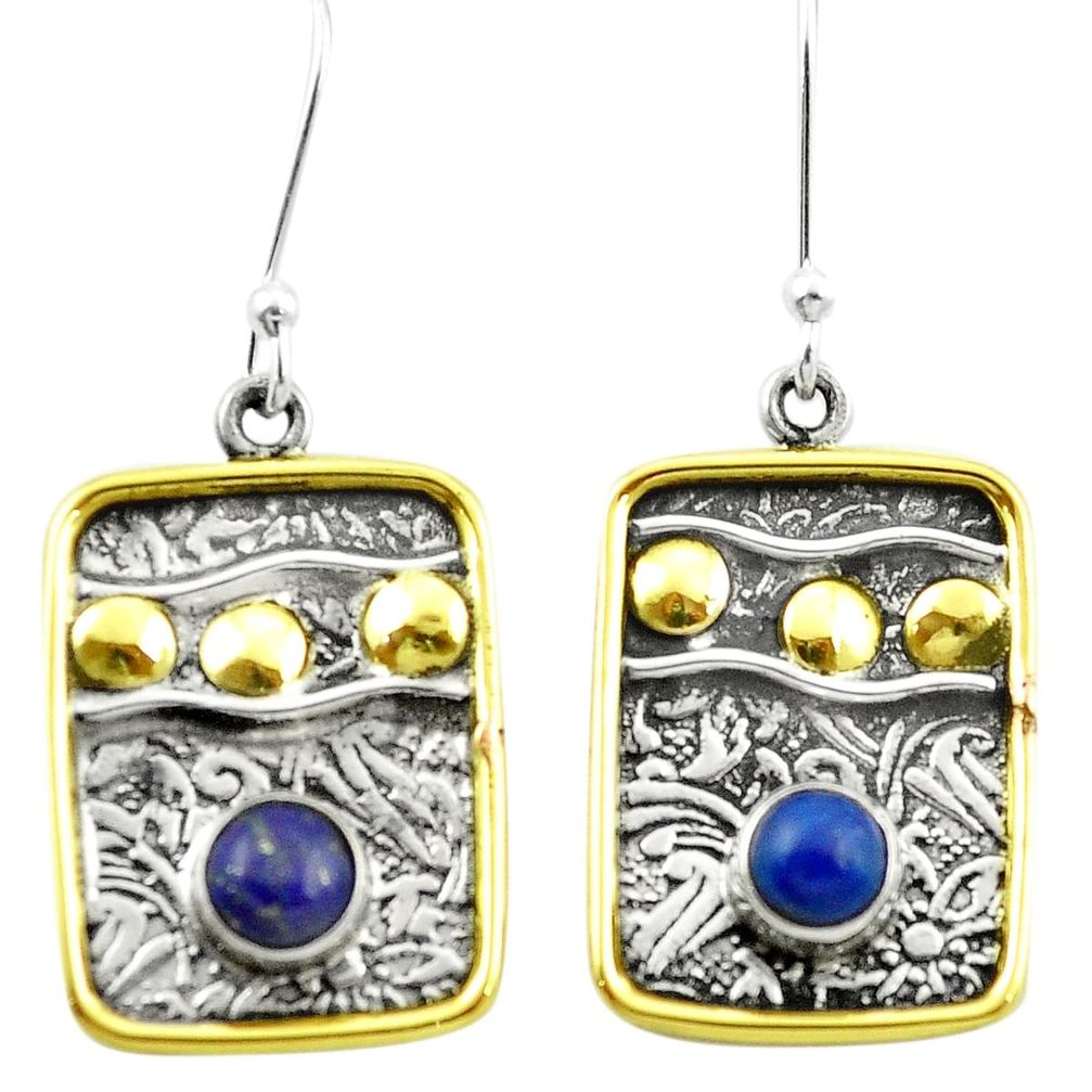 Victorian natural blue lapis lazuli 925 silver two tone dangle earrings m47089