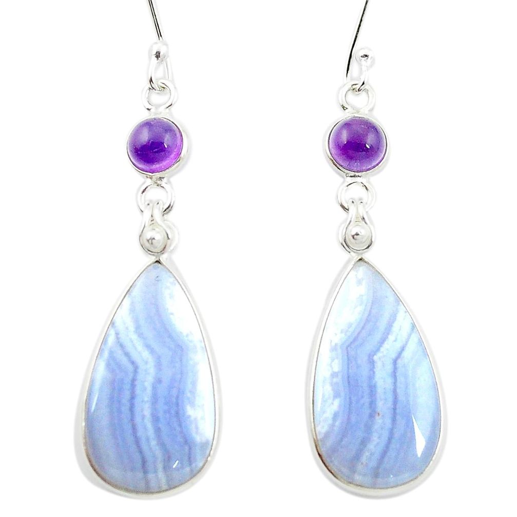 Natural blue lace agate amethyst 925 silver dangle earrings m48721