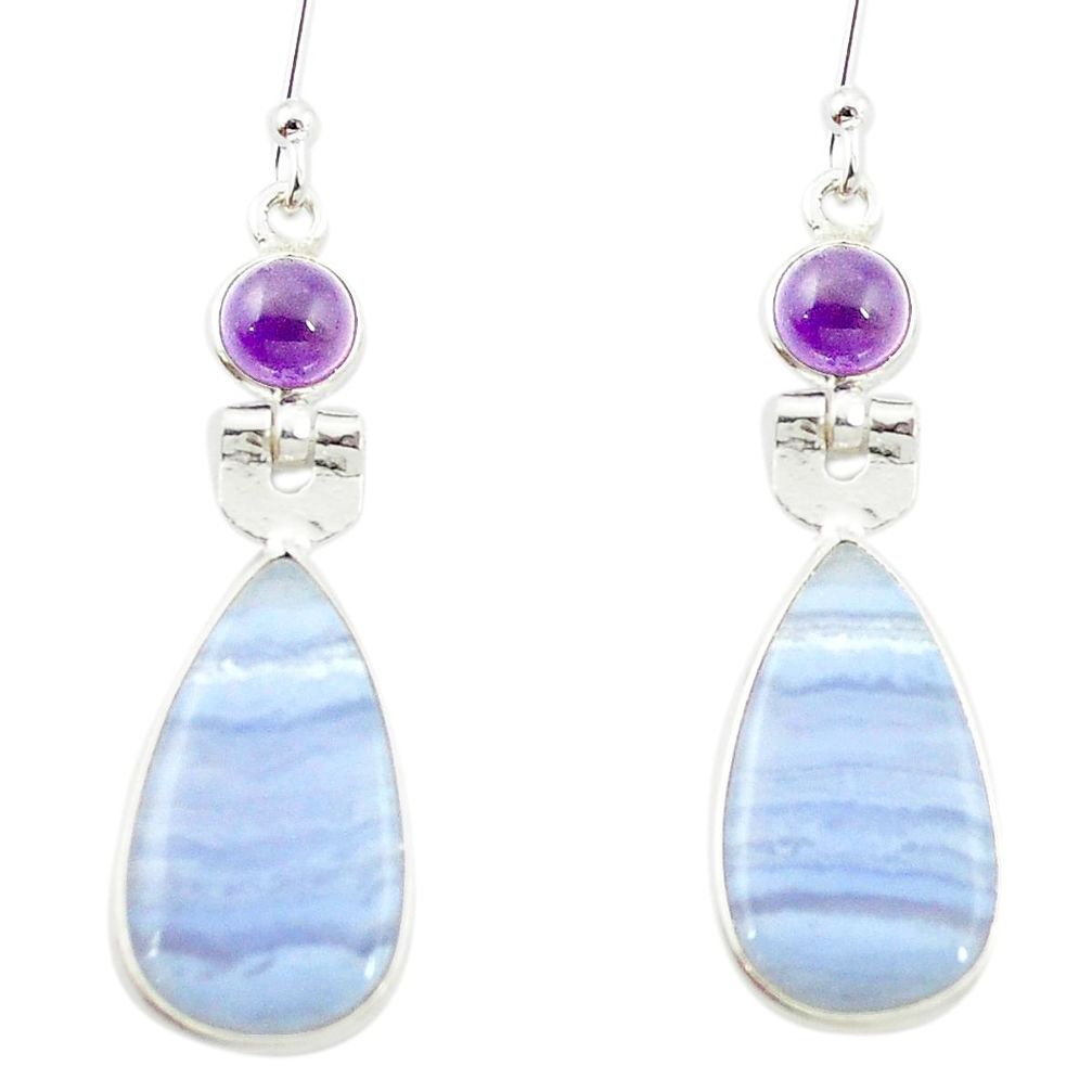 Natural blue lace agate amethyst 925 silver dangle earrings m48723