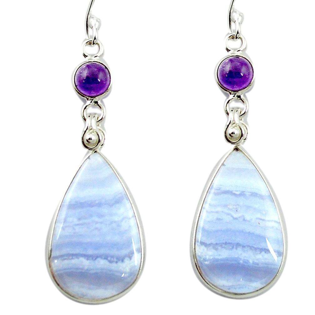 Natural blue lace agate amethyst 925 silver dangle earrings m48727