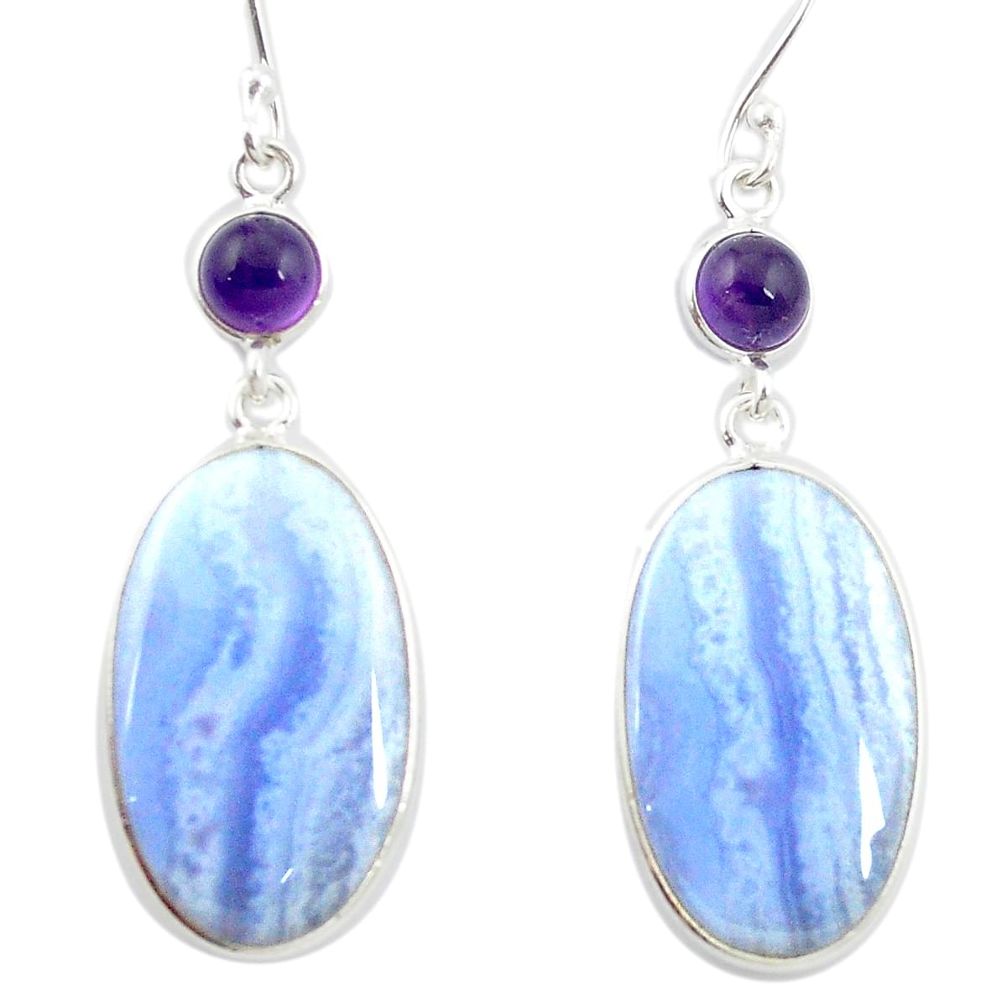Natural blue lace agate amethyst 925 silver dangle earrings m48733