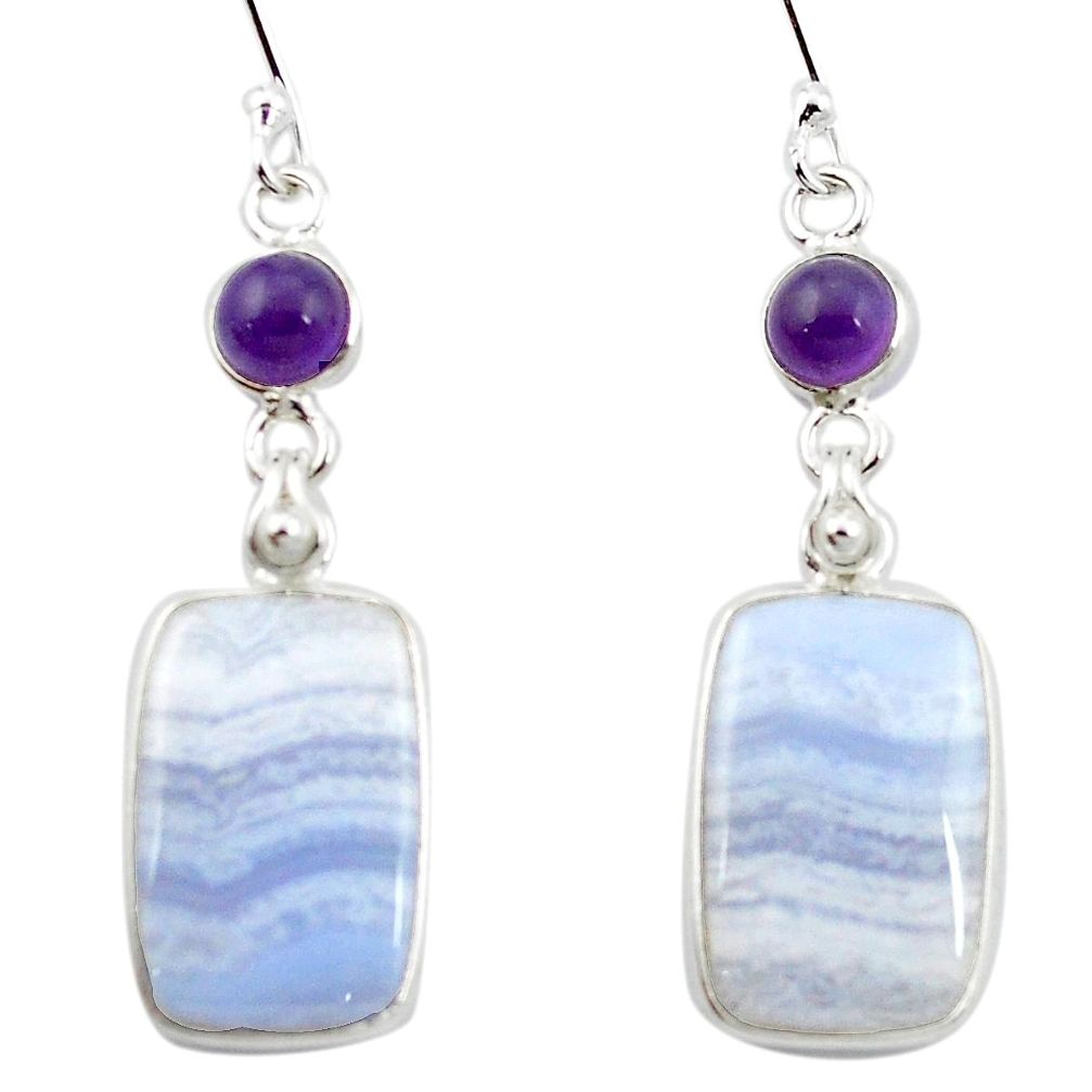 Natural blue lace agate amethyst 925 silver dangle earrings m48739