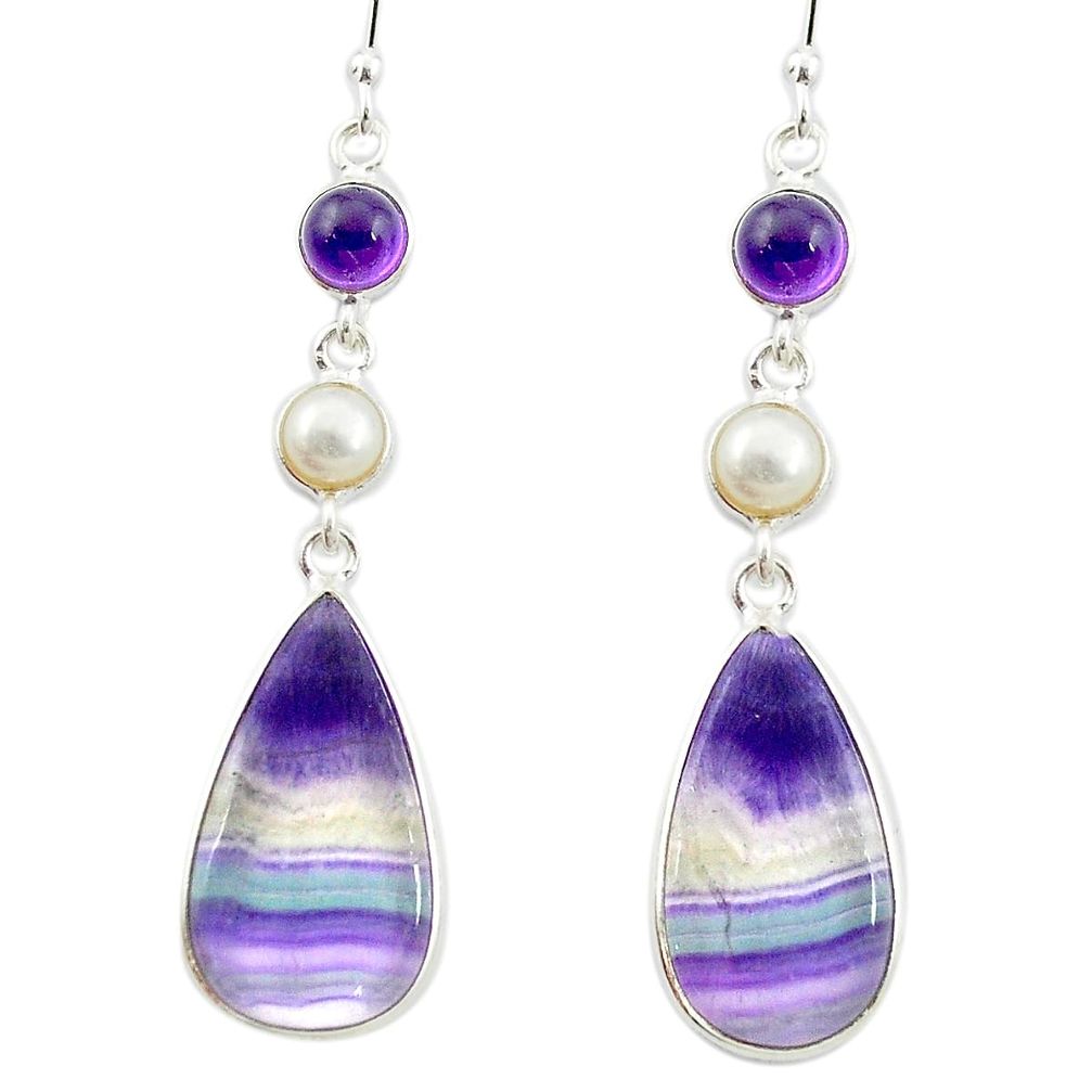 925 silver natural multi color fluorite amethyst pearl dangle earrings m48749