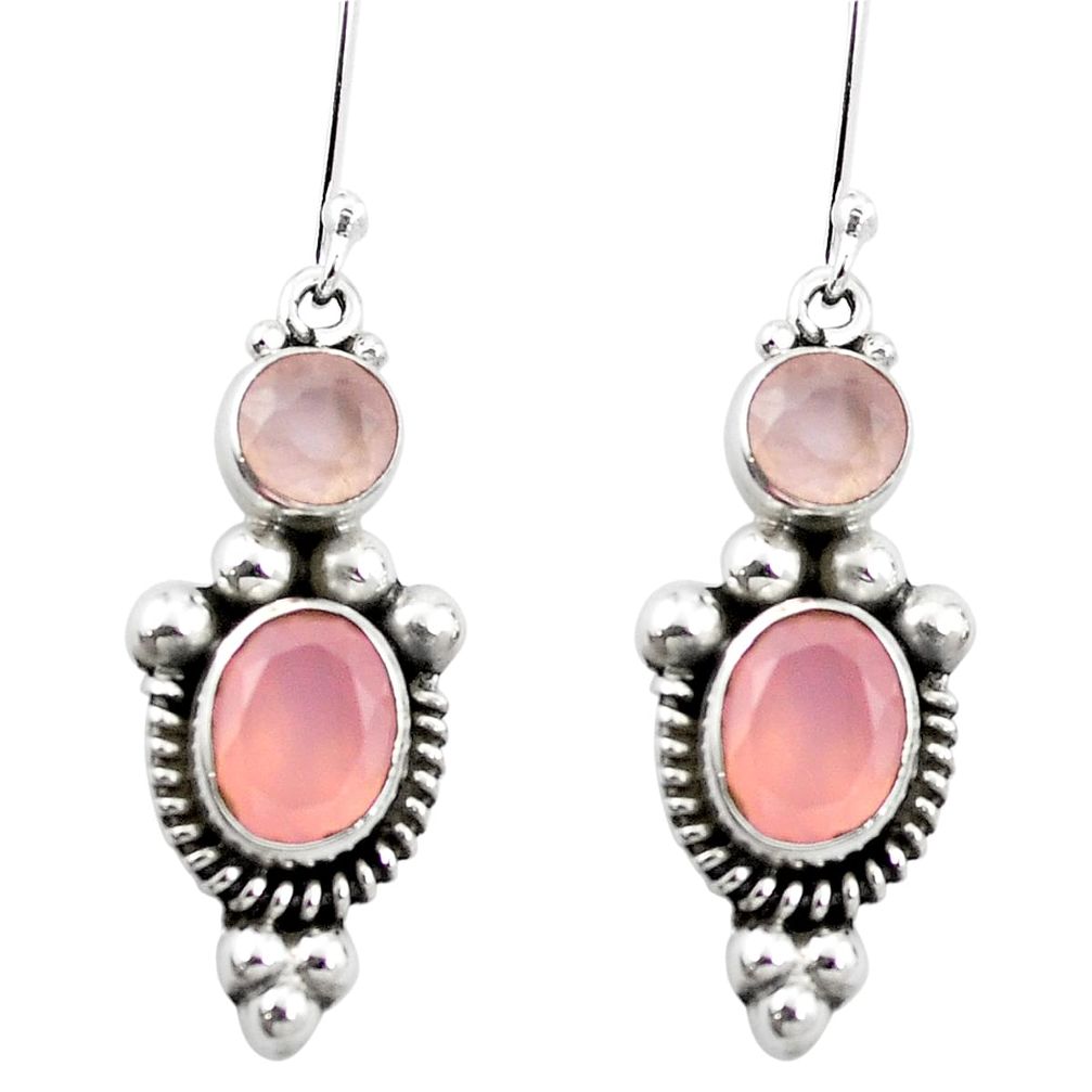 Natural pink rose quartz 925 sterling silver dangle earrings m48855