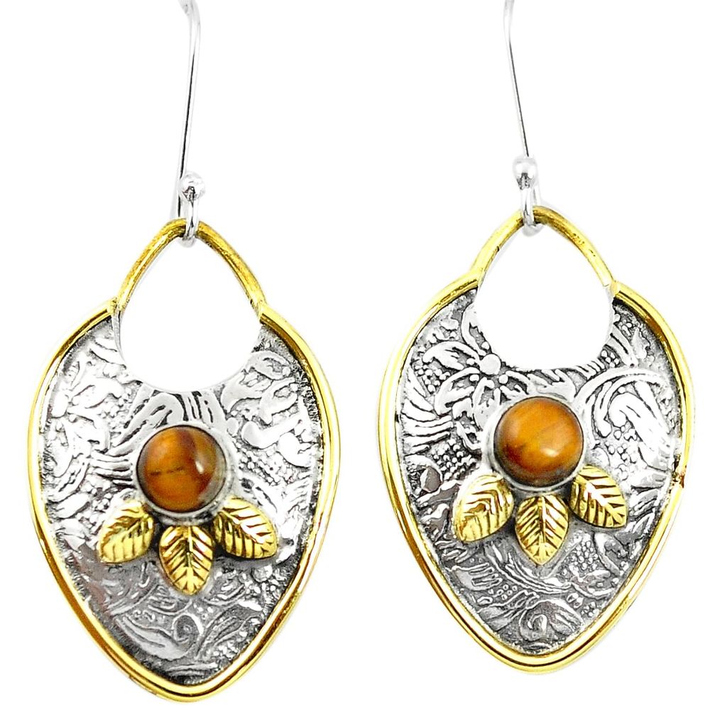 Victorian natural brown tiger's eye 925 silver two tone dangle earrings m49478