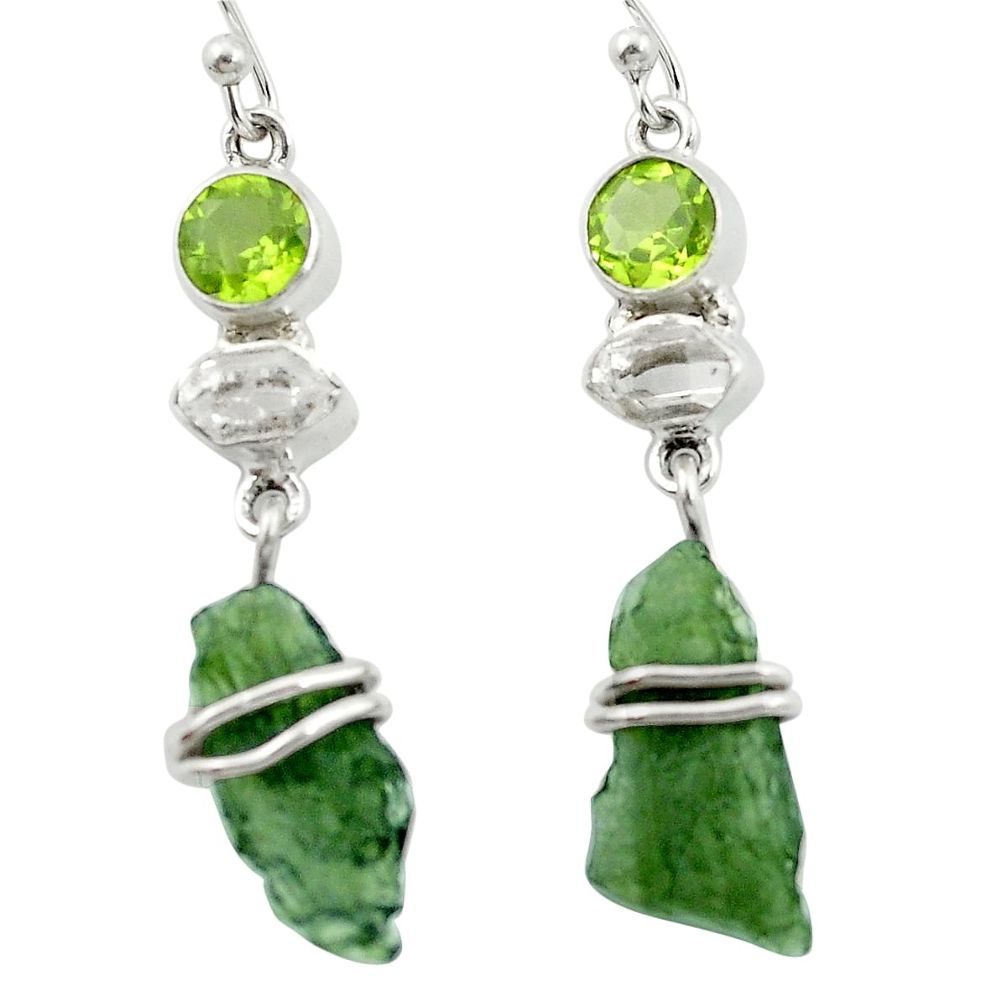 Natural green moldavite (genuine czech) 925 silver dangle earrings m52690