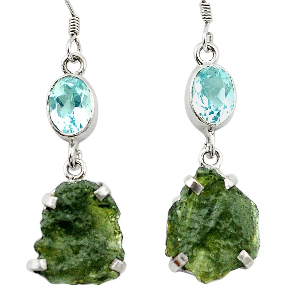 925 silver natural green moldavite (genuine czech) topaz dangle earrings m52695