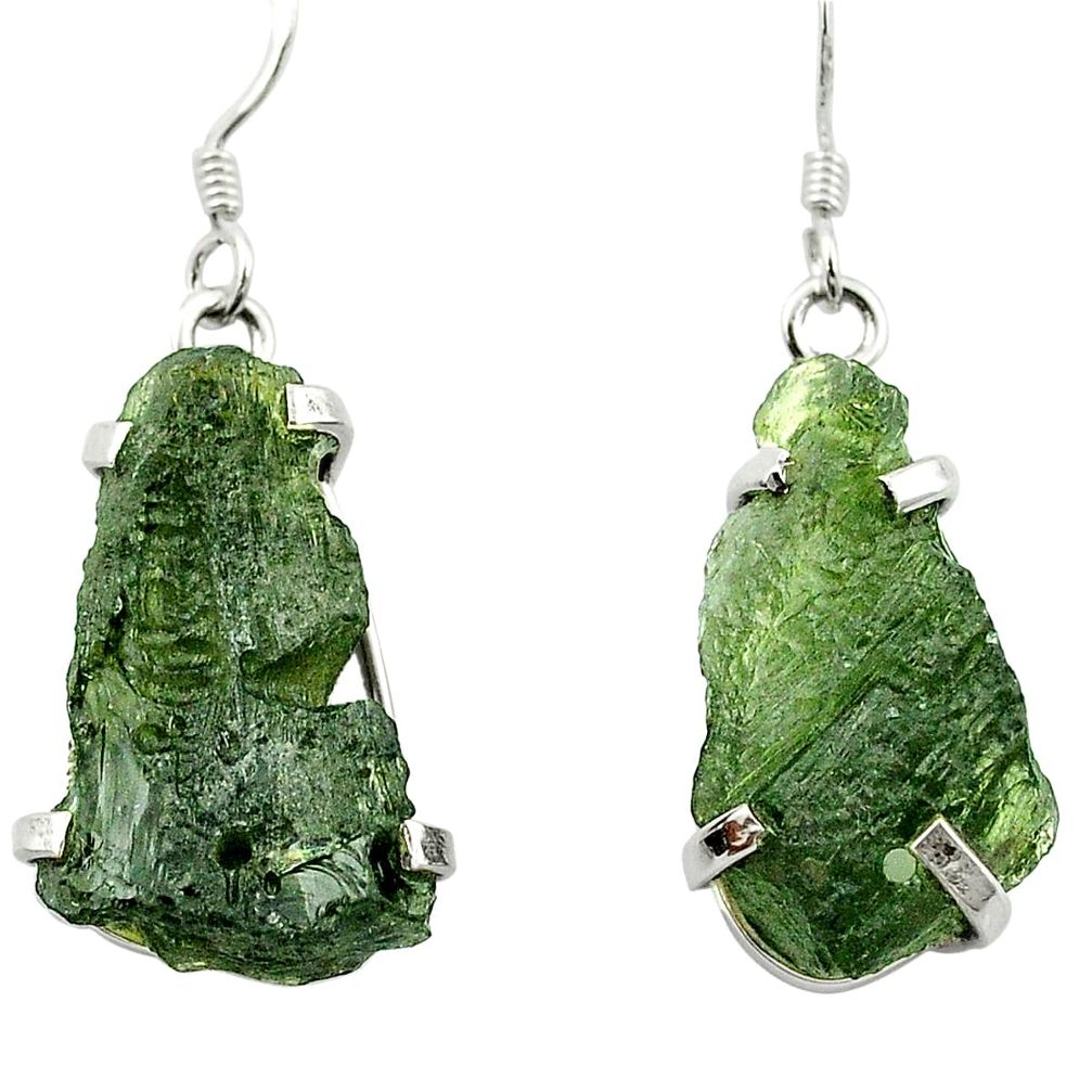 Natural green moldavite (genuine czech) 925 silver dangle earrings m52697