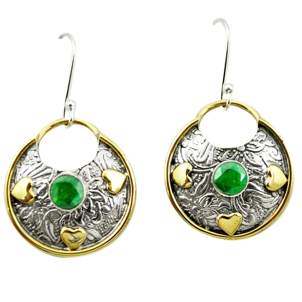 Victorian natural green emerald 925 silver two tone dangle earrings m52951