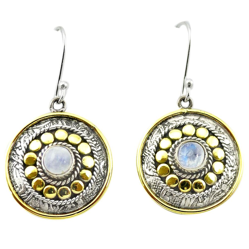 Victorian natural rainbow moonstone 925 silver two tone dangle earrings m52953