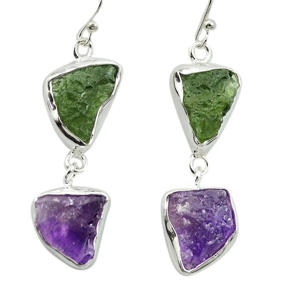 Natural green moldavite (genuine czech) 925 silver dangle earrings m53342