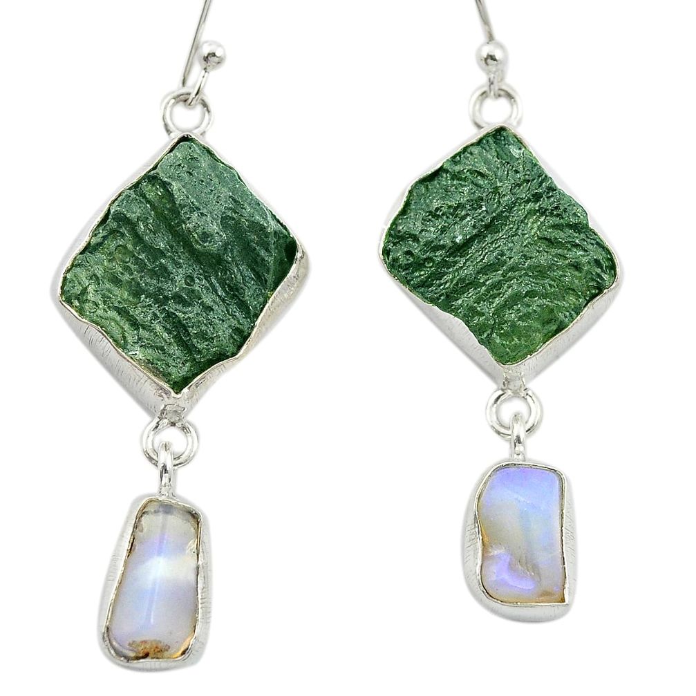 Natural green moldavite (genuine czech) 925 silver dangle earrings m53343