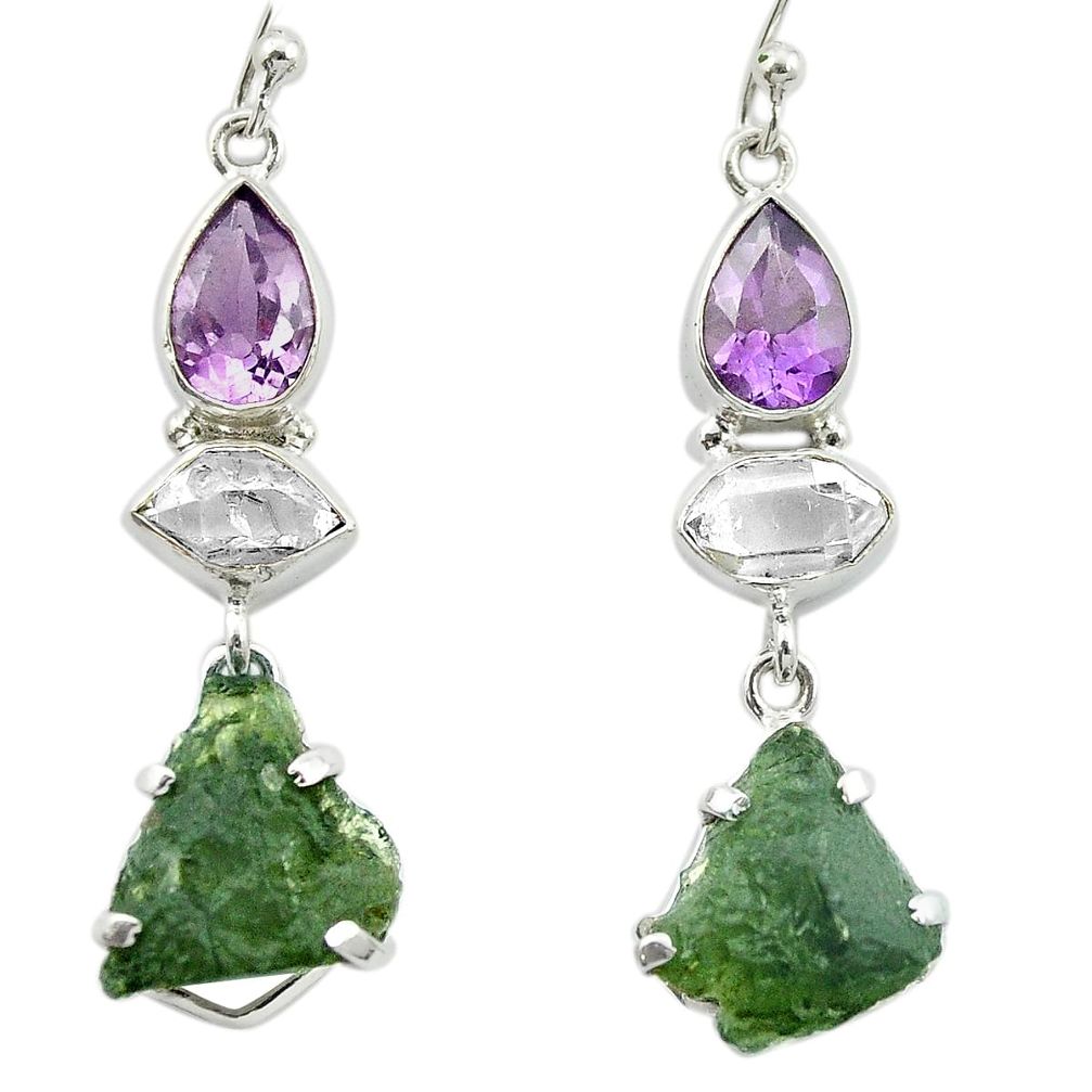 Natural green moldavite (genuine czech) 925 silver dangle earrings m53344