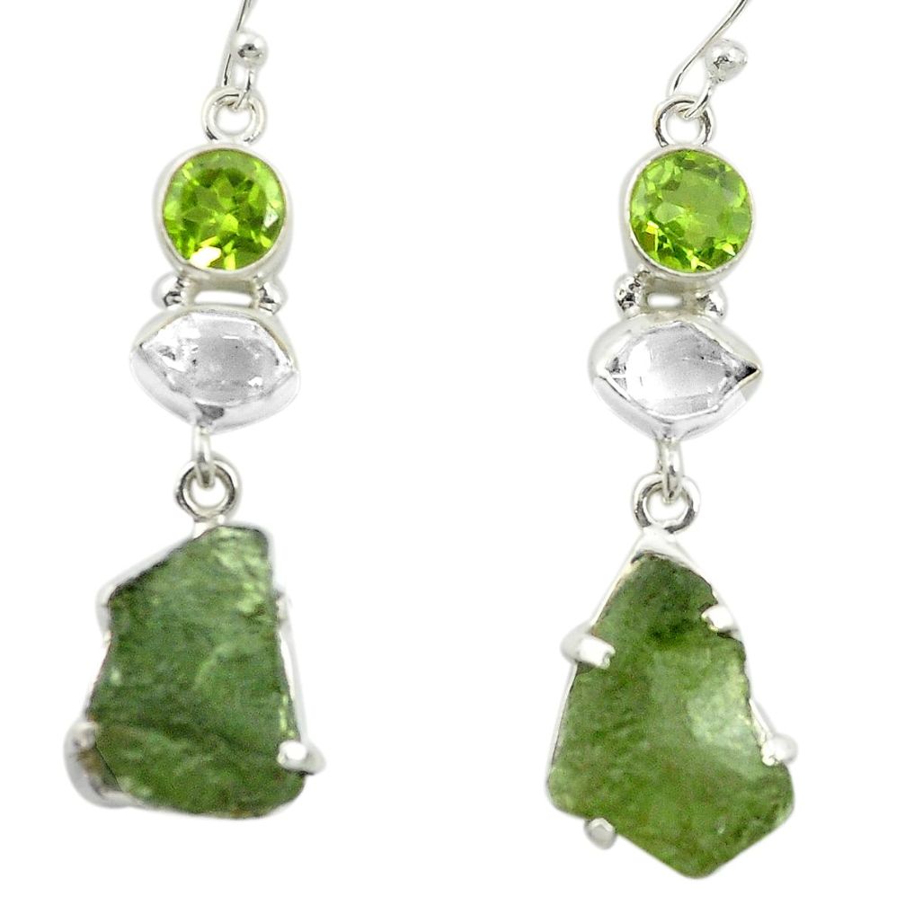 Natural green moldavite (genuine czech) 925 silver dangle earrings m53349