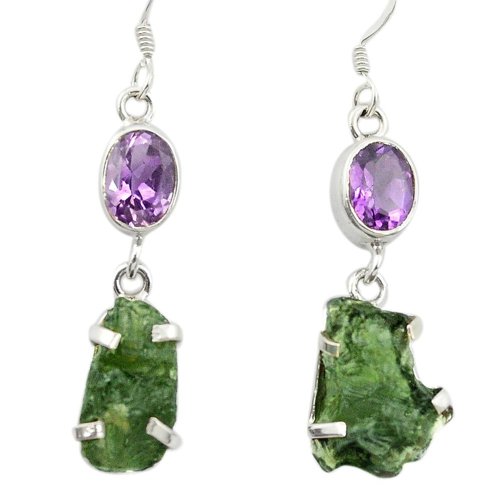 Natural green moldavite (genuine czech) 925 silver dangle earrings m53350