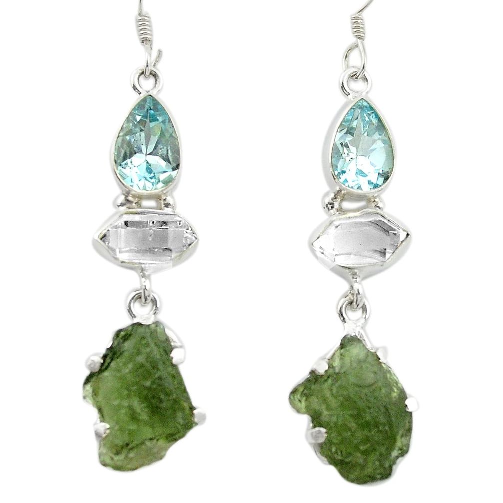Natural green moldavite (genuine czech) 925 silver dangle earrings m53354
