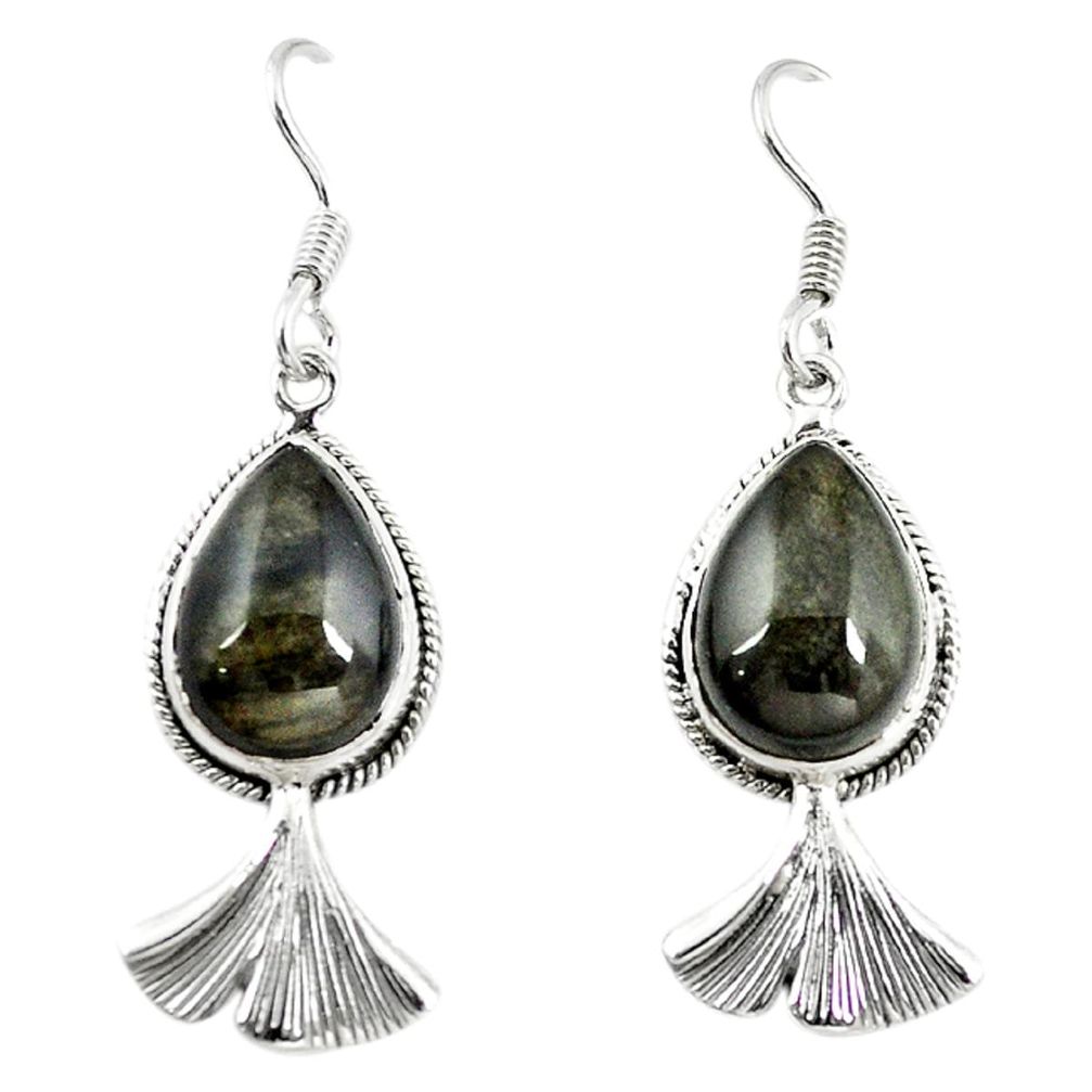 Natural golden sheen black obsidian 925 silver dangle earrings m5586