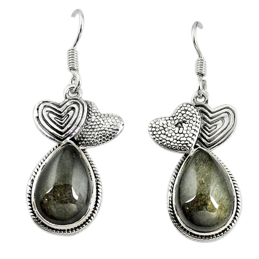 Natural golden sheen black obsidian 925 silver couple hearts earrings m5587
