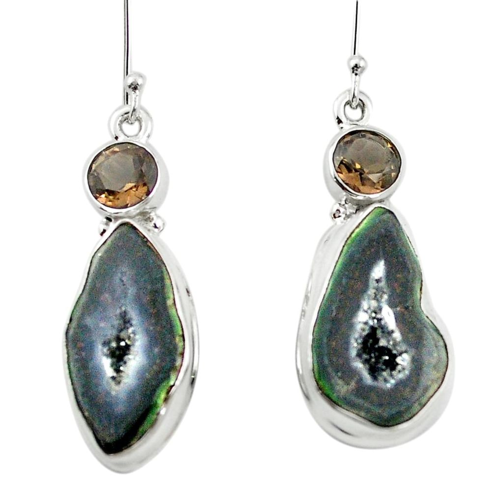 Natural brown geode druzy smoky topaz 925 silver dangle earrings m57024