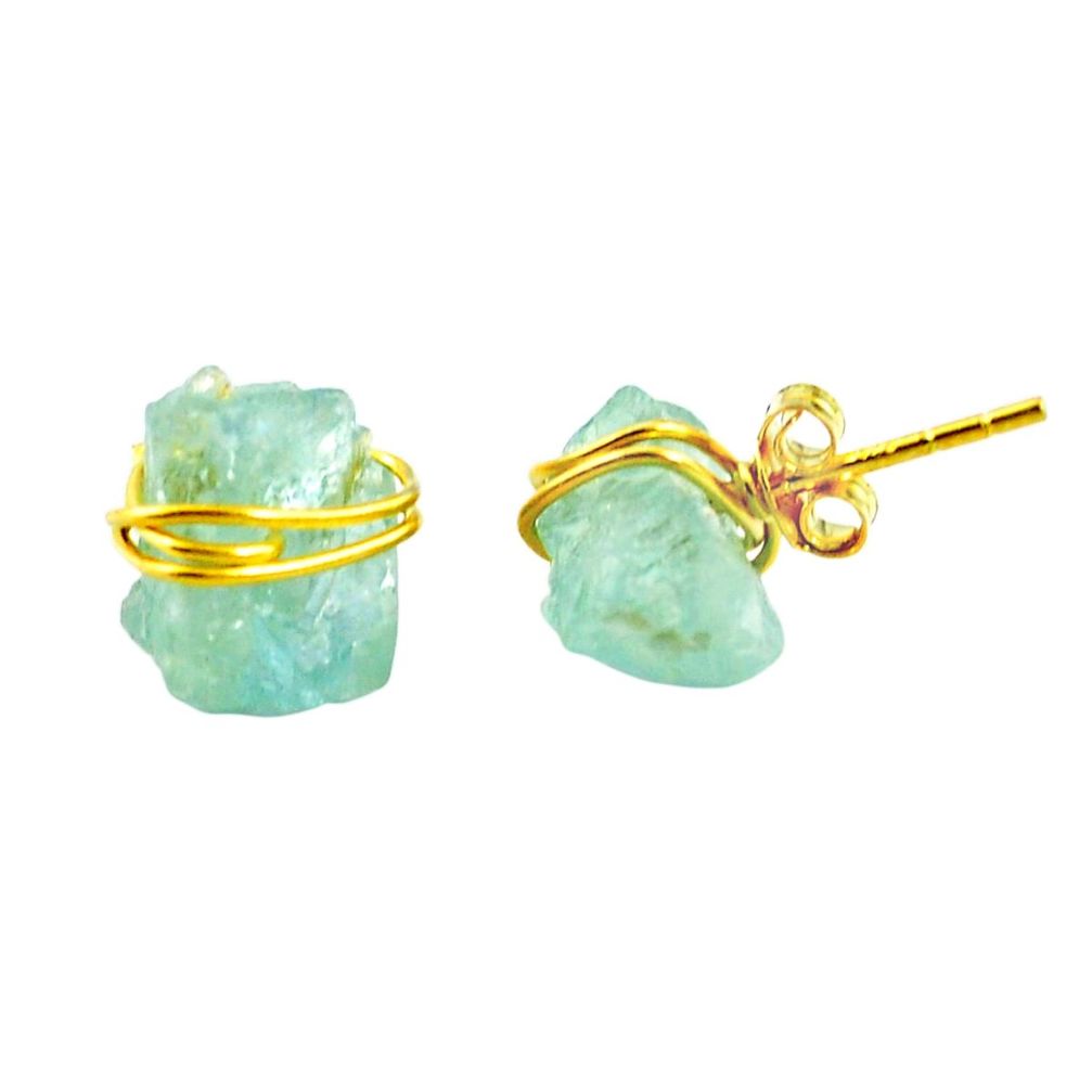 Natural aqua aquamarine rough 925 silver 14k gold stud earrings m58982